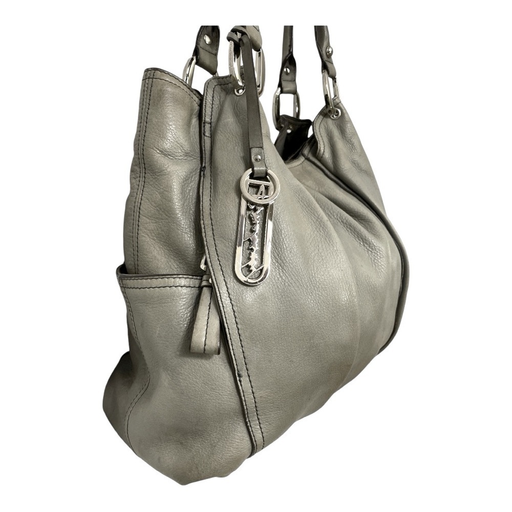 B. Makowsky Gray Pebbled Leather Hobo Shoulder Tote Bag Large Silver Hardware - Picture 3 of 16